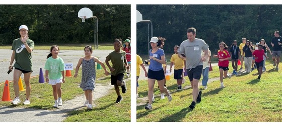 Students running the field with some parents