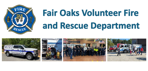 Fair Oaks Volunteer Fire and Rescue Department logo above photos of emergency vehicles, firefighters and community members.