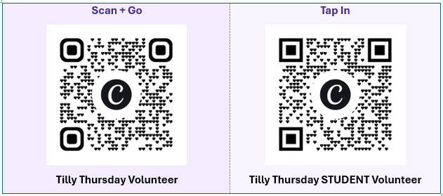 QR Codes for Tilly Thursday Volunteer and Tilly Thursday Student Volunteer