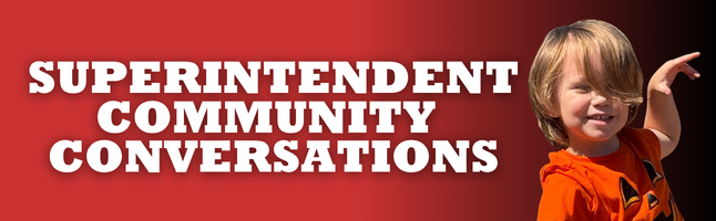 Boy smiling with a red and black gradient background with âSuperintendent community conversationsâ in white writing