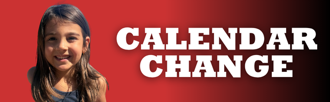 Girl smiling with red and black gradient background with white text ‘Calendar Change’