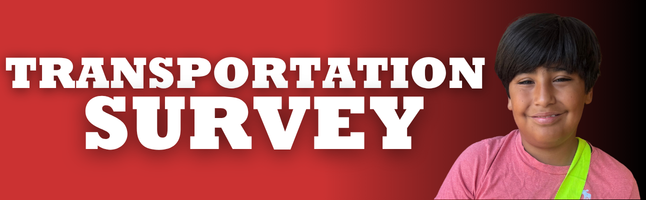 Boy smiling on red and black gradient background with white text ‘Transportation Survey’