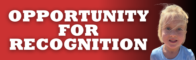 Girl smiling with red and black gradient background with white text ‘Opportunity for Recognition’