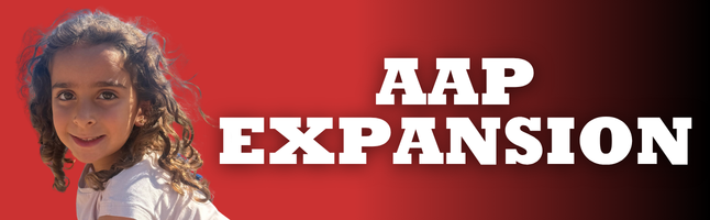Girl smiling with red and black gradient background with white text ‘AAP Expansion’