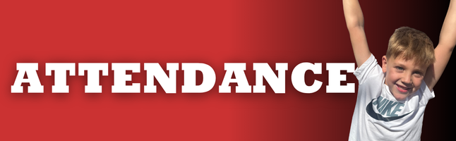 Boy smiling on red and black gradient background with white text ‘Attendance’