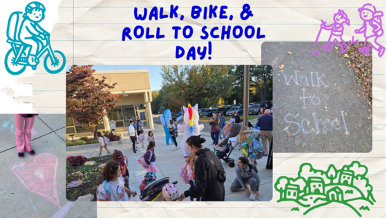Collage of three pictures from walk, bike, and roll to school day with animated graphics of walking and biking