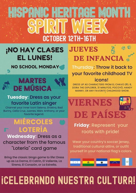 Image of a colorful flyer that says Hispanic Heritage Month Spirit Week with 5 flags