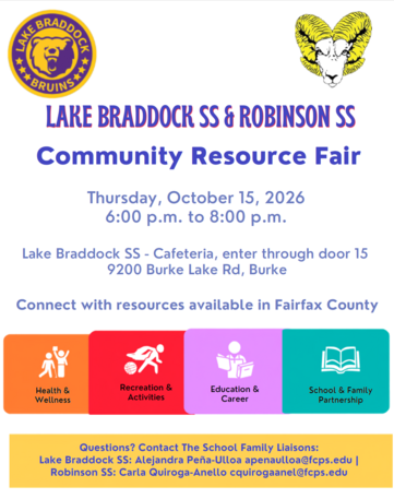 Flyer for Robinson and Lake Braddock Community Resource Fair on Thursday, October 15th from 6:00-8:00pm.