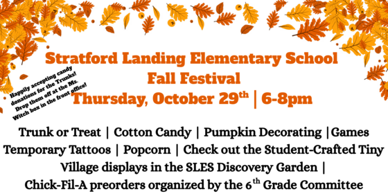 SLES Fall Festival Thursday October 29 6-8pm trunk or treat cotton candy pumpkin decorations games tiny village order chikfila