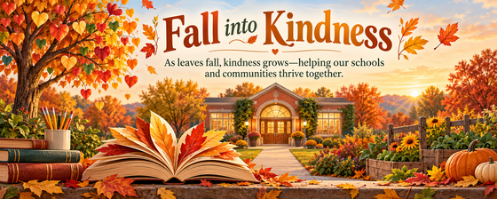 Autumn leaves frame the message “Fall into Kindness” above an open book and school, celebrating kindness in the community