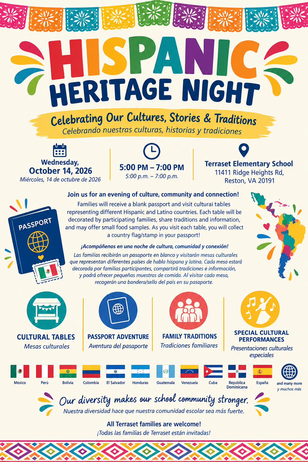 Hispanic Heritage Night Oct 14 5-7pm at Terraset ES