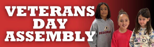 3 GIRLS SMILING WITH RED AND BLACK GRADIENT BACKGROUND WITH vETERAN'S DAY aSSEMBLY IN WHITE WRITING
