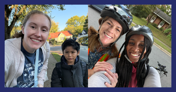 A teacher and a student walk to school together, and two staff members get to school by bike.