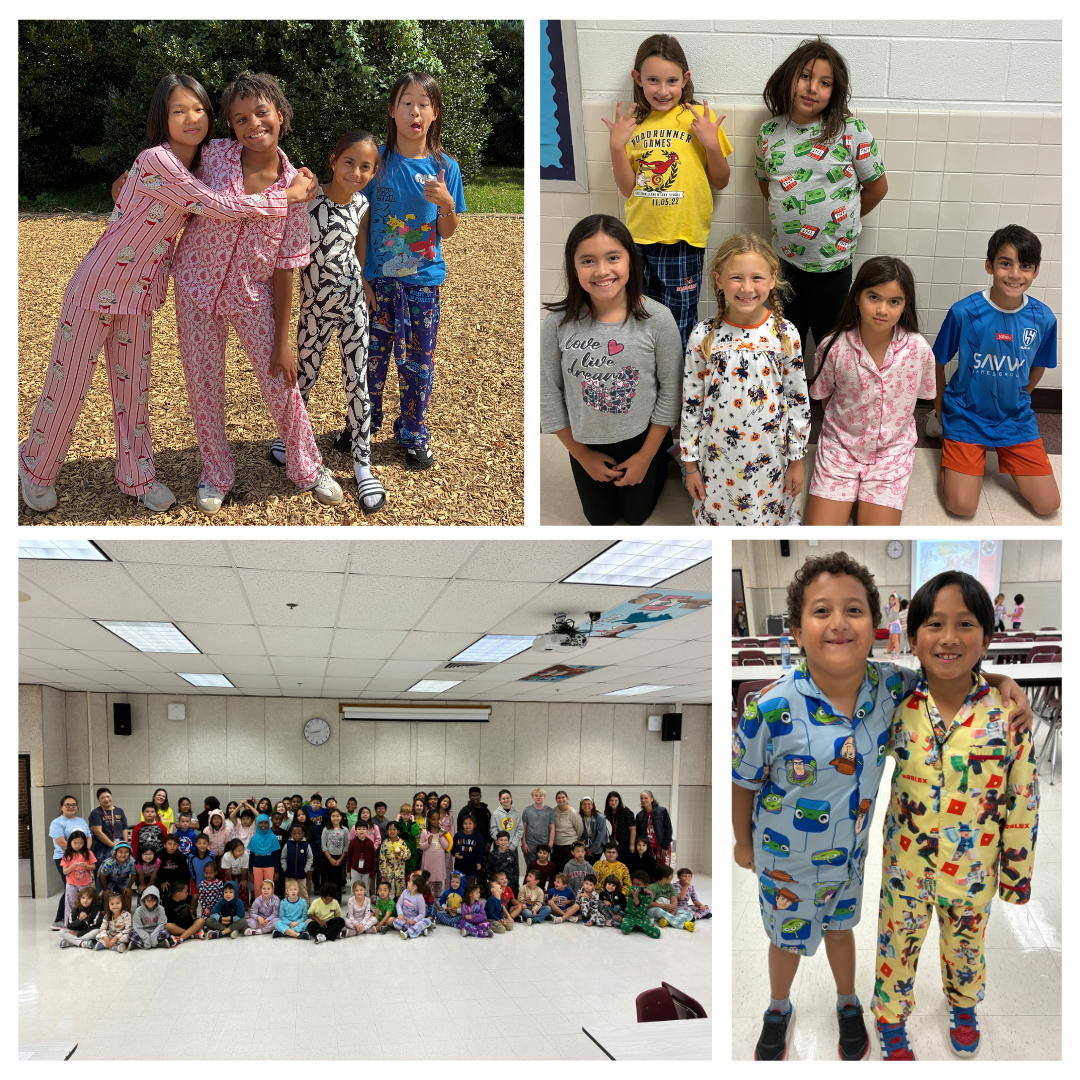 Collage of four photos showing elementary school students celebrating pajama day indoors and outdoors.