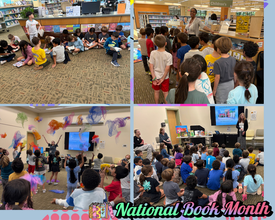 Kids celebrate National Book Month through independent reading, library tours, interactive scarf play, and presentations.