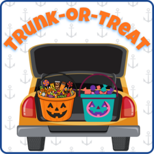 Trunk or treat with image of a car trunk with buckets of candy in it