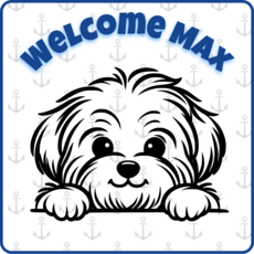 Welcome Max with a black line drawing of a dog's face
