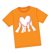 Orange tee shirt with a design of hands holding a heart