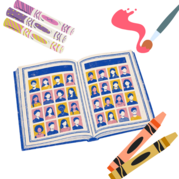 Graphic of yearbook with art supplies: crayons, markers, paint