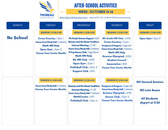 After-School Program Schedule| October 13–16