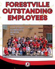 Forestville staff pose outside the school beneath a headline stating "Forestville Outstanding Employees"