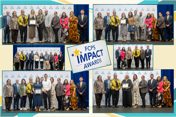 Collage of FCPS Impact Award recipients with School Board members and Dr. Reid posing with certificates beside the FCPS Impact Awards logo.