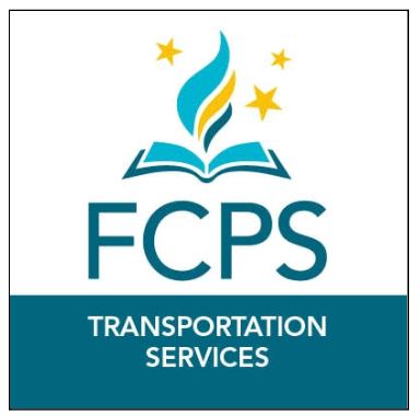 - an open book with a blue flame and gold stars above the letters “FCPS,” with “TRANSPORTATION SERVICES” in white text on a teal band below.