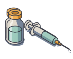 The image shows a small medicine vial beside a syringe, both filled with pale teal liquid