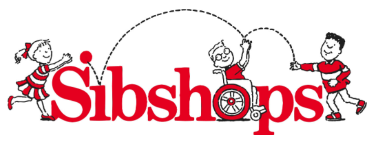 image shows the word “Sibshops” in large red letters, surrounded by three children, including a child using a wheelchair
