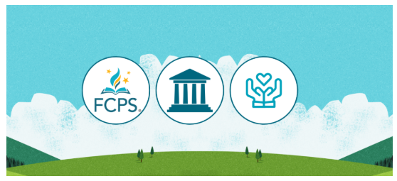 A bright stylized landscape with three circular icons above a green hill- the FCPS logo and government building and two hands holding a heart