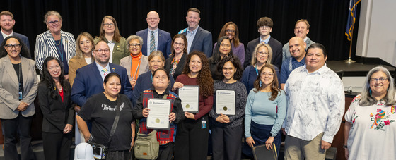 School Board and Community members at the Dais for Indigenous Peoples Day and Native American Heritage Month Proclamation