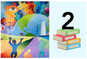 washington monument, eifel tower, and the earth inside colorful pattern.  a number two on top of books.