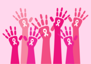 Various pink hands with the breast cancer ribbon symbol