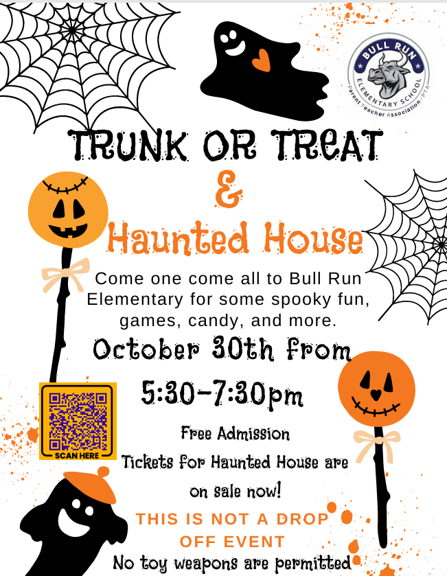 a bat, web, black ghosts, pumpkin and orange and black letters