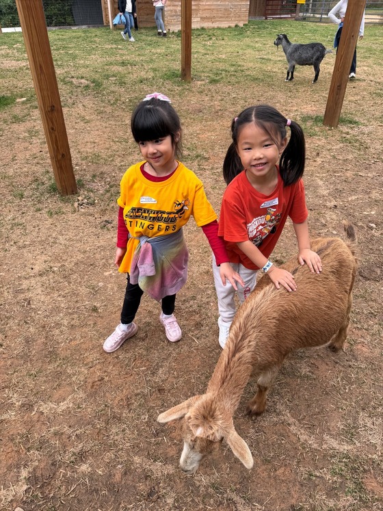 A picture of 2 students playing with a goat at Cox Farm