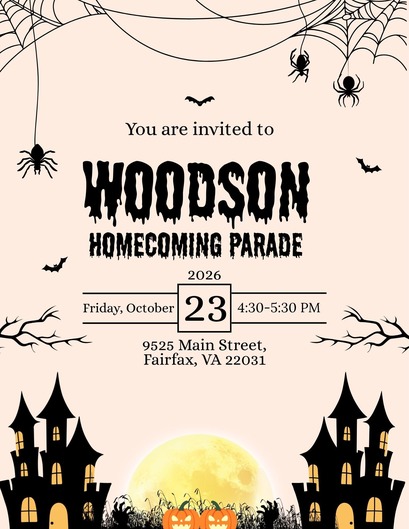 Halloween-themed graphic; You are invited to WOODSON HOMECOMING PARADE 2026 Friday, October 23 4:30–5:30 PM 9525 Main Street, Fairfax, VA 22031 