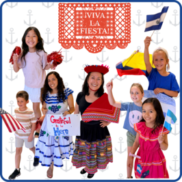 Viva la fiesta with a collage of students and teachers dressed up from our Hispanic Heritage Parade