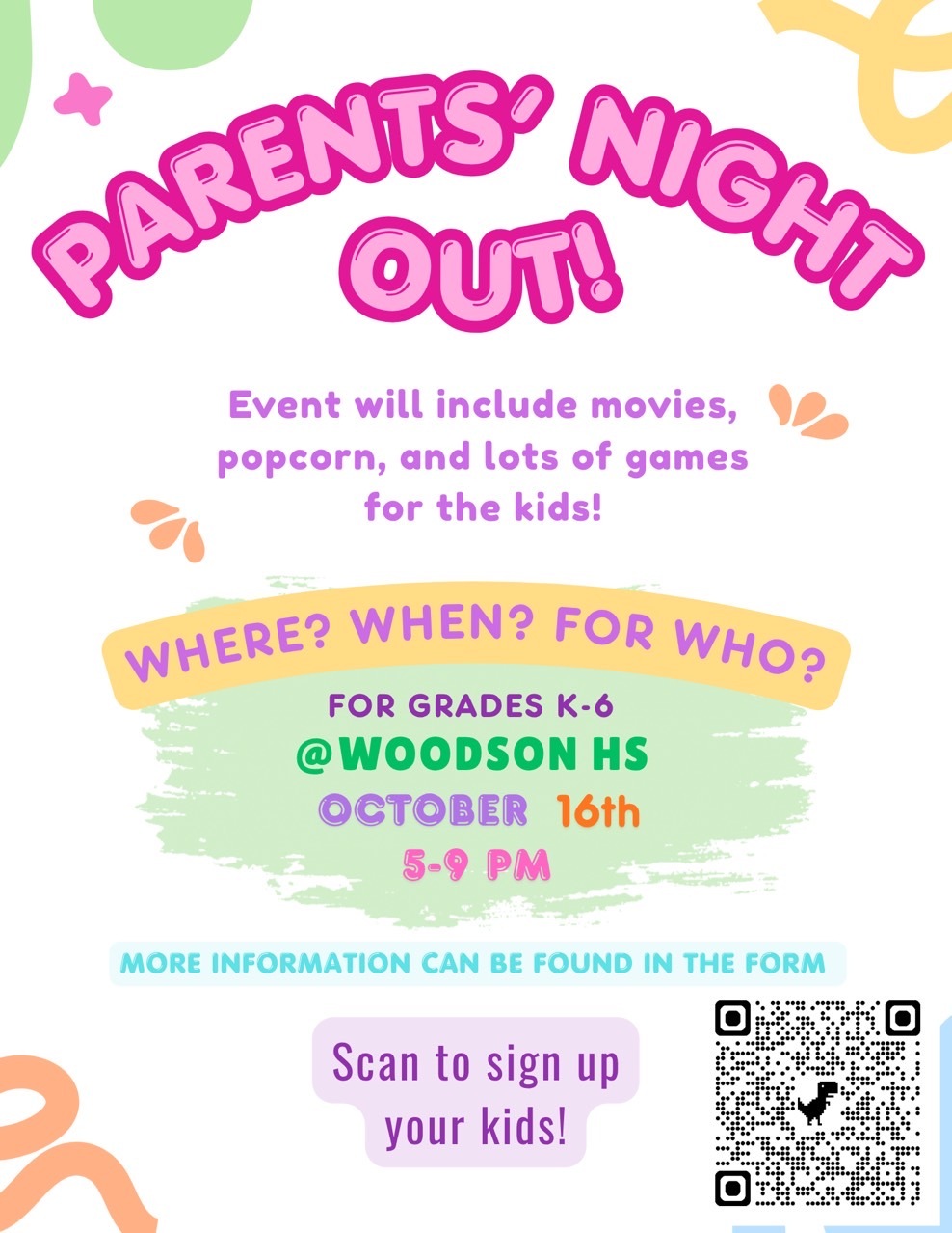 Flyer for Parents' Night Out at Woodson High School on October 16th for Grades K-6.