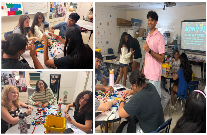Collage of students making legos