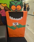 The decorated "Candy Monster" box collecting candy donations for the PTA
