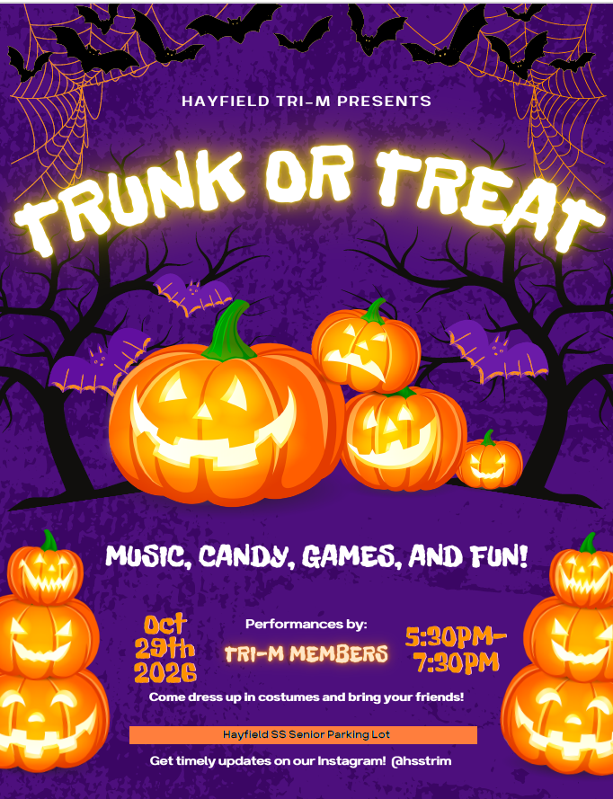 Flyer for Hayfield Tri-M Trunk or Treat, 10/29, 5:30 to 7:30, featuring jack-o-lanterns, spider webs, and other Halloween images