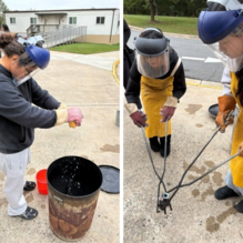 Photos of ceramics students wearing face shields, aprons, and heavy gloves conducting an outdoor Raku firing process with long tongs and metal drums