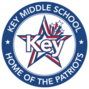 Circular logo for Key Middle School with red, white, and blue star graphic with word "Key" in center and "HOME OF THE PATRIOTS" along border