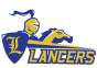 Logo for Lewis High School featuring a gold and blue knight riding a armored horse next to a shield with the letter "L" and the text "LANCERS".