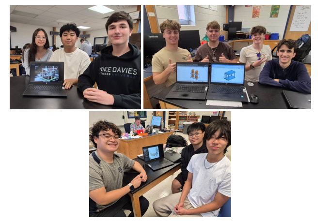 Photo collage showing STEM students in class proudly displaying their 3D CAD design projects on laptop screens