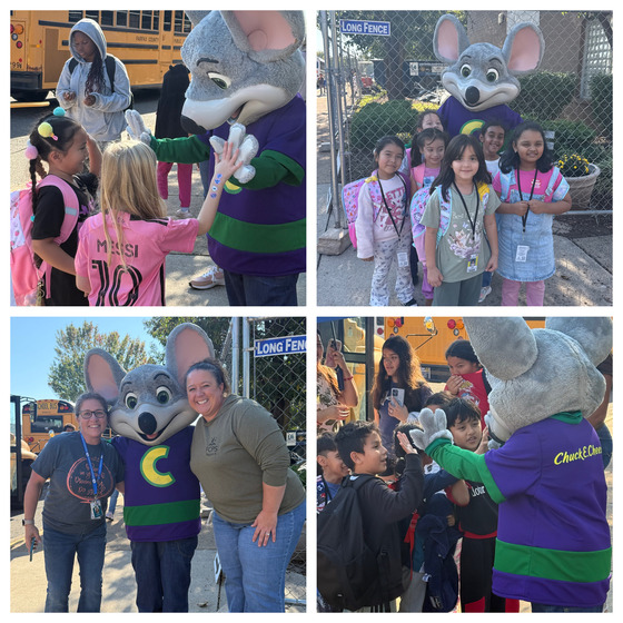 students and staff with mouse mascot