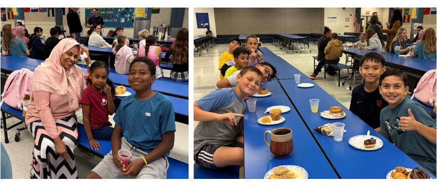 5th and 6th Grade families enjoying a potluck breakfast in the cafeteria