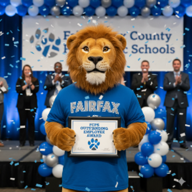 Lion mascot holding an award certificate