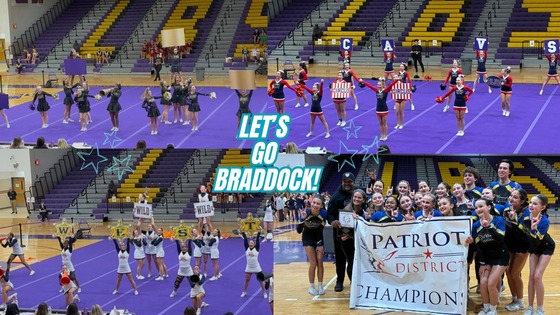 Photo collage of cheerleading teams from the Braddock District at the Patriot District cheerleading competition
