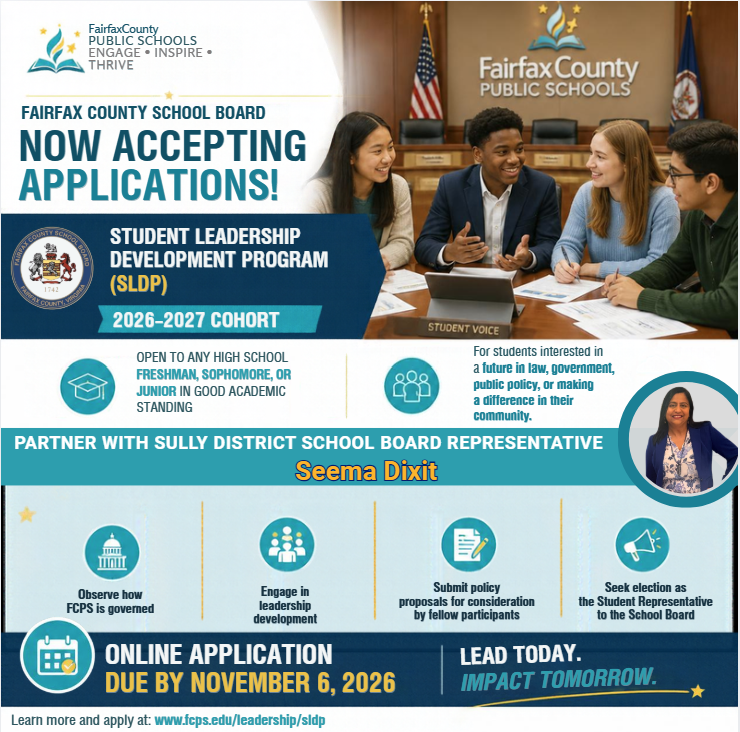 Applications are open for FCPS’s 2026–2027 Student Leadership Development Program. Apply online by November 6 at fcps.edu/leadership/sldp.